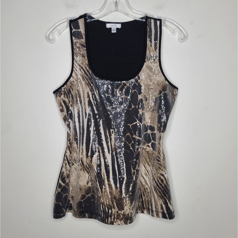 Cache black tan mix animal print sequin tank top - small